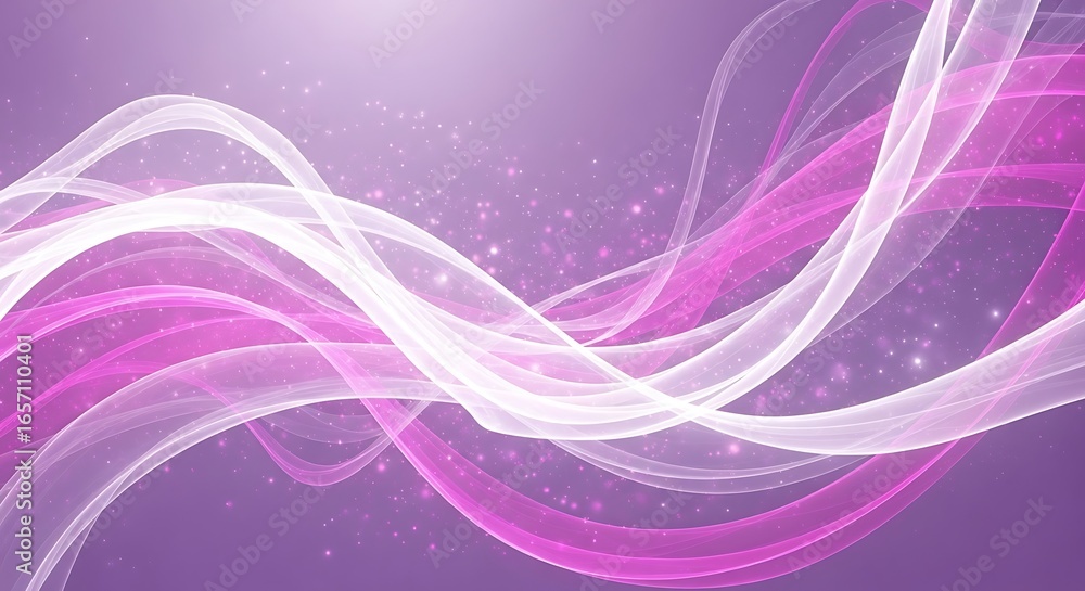 Poster abstract flowing waves of light in purple and pink hues with sparkling particles, creating a dreamy 