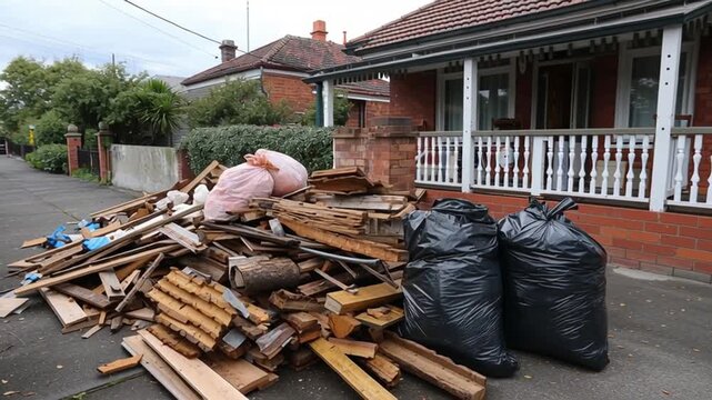 Construction debris and trash bags beside a home. 