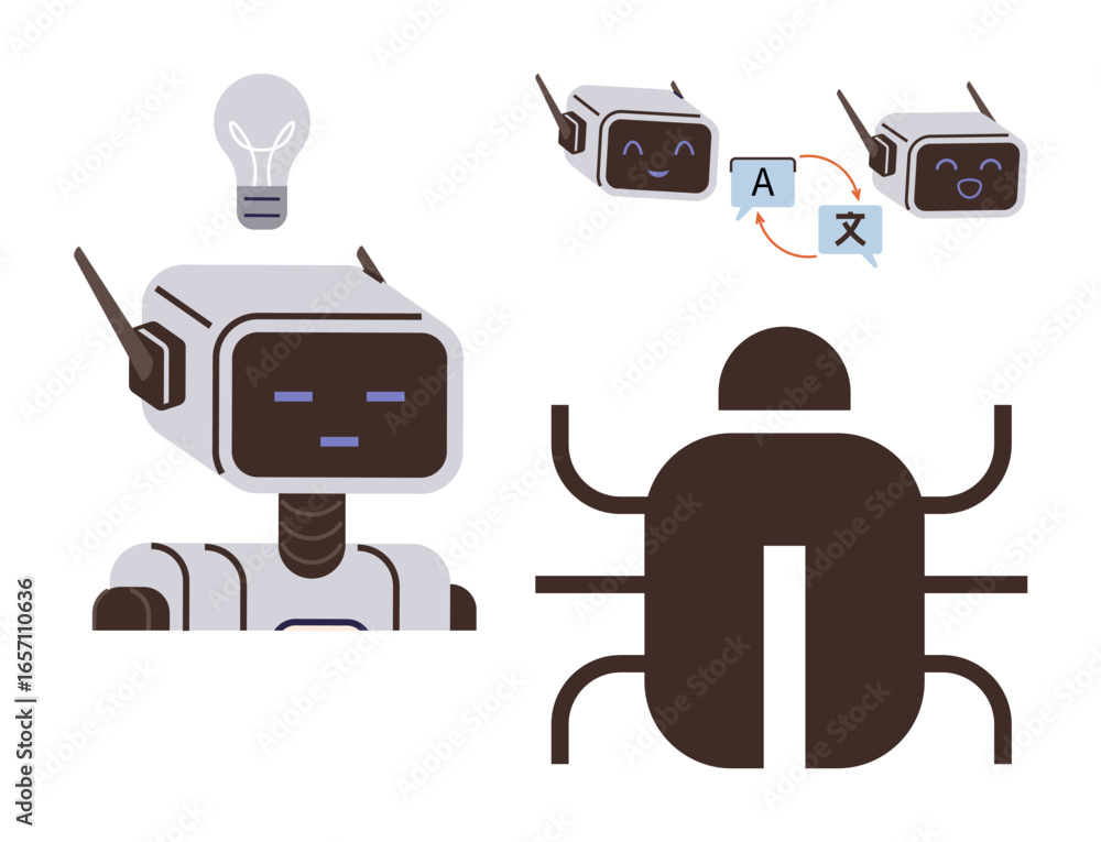 Poster friendly robot with lightbulb, translation icons, and bug symbol emphasizing ai-driven learning, com