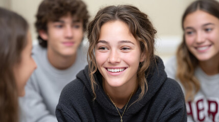 Teenagers enjoying spin the bottle game in a joyful circle gathering