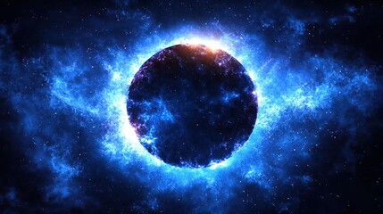 Obraz premium Dark celestial body surrounded by vibrant blue nebulae