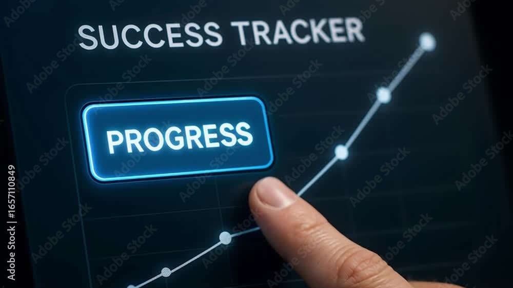 Poster a success tracker display with an upward trend chart, a finger pressing the progress button.