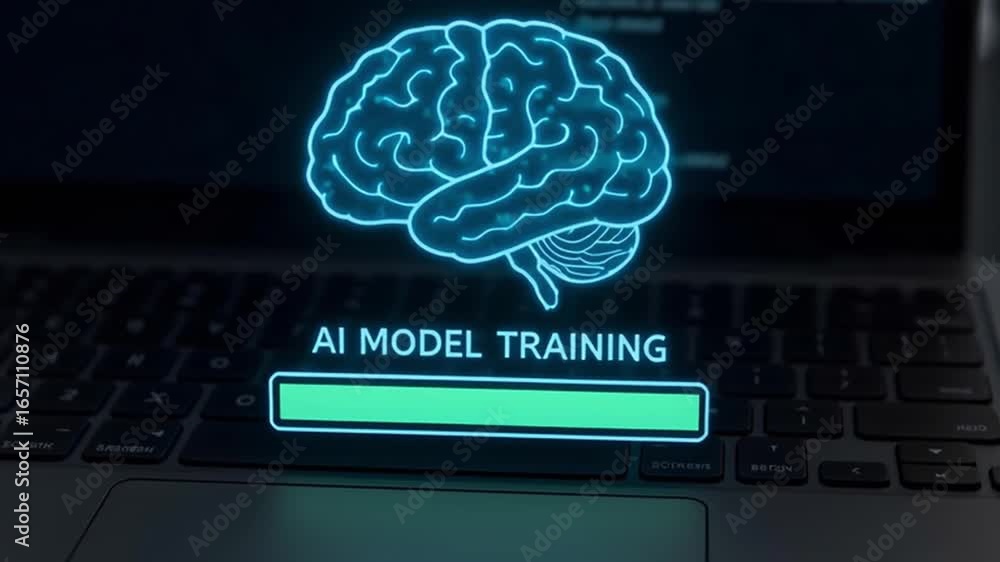 Poster a conceptual image of ai model training featuring a digital brain on a laptop.