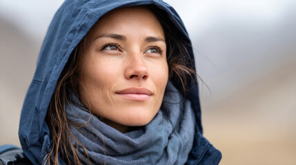 Windy mountain pass portrait: woman in hood experiences nature's power