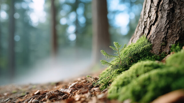 Tranquil mist rising in forest with ground level view of lush greenery and tree trunk