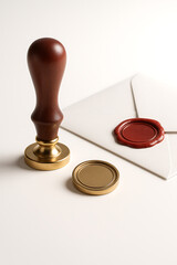 Wooden wax seal stamp with detachable red wax pad; Carimbo de lacre de madeira com almofada de cera vermelha destacável