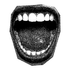 Mouth in scream with halftone stipple effect, retro grunge grainy y2k style pop art. Elements in stipple brutalist retro design.