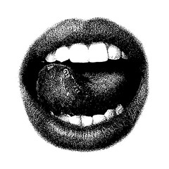 Mouth sexy gesture close up with halftone stipple effect, retro grunge grainy y2k style pop art. Elements in stipple brutalist retro design.