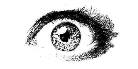 Fototapeta premium Shocked women eye with halftone stipple effect, grainy y2k retro grunge style pop art. Elements in stipple brutalist retro design.