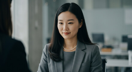 Two colleagues collaborating on a project at a computer in a modern office environment, discussing data on the screen