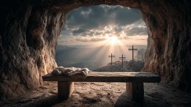 Video representation of an empty tomb with three crosses in the background, symbolizing resurrection and hope. 