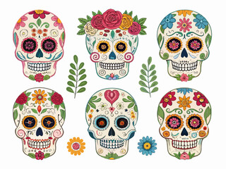 Collection of six sugar skulls decorated with colorful flowers and foliage on a white background art piece