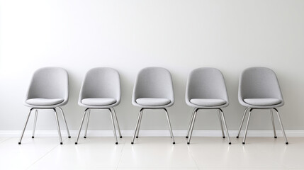 Identical office chairs in a perfect row on white background for interior design and furniture arrangement