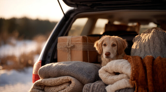 Holiday journey with dog in car trunk surrounded by gifts and cozy blankets