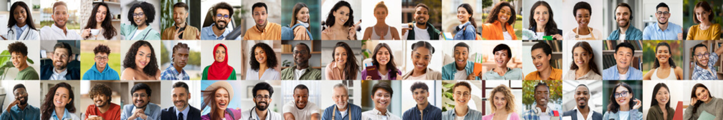 Fototapeta premium A vibrant collage features smiling individuals from various backgrounds, highlighting their joy and connection. This diverse group reflects the beauty of multiethnic lifestyles and shared happiness.
