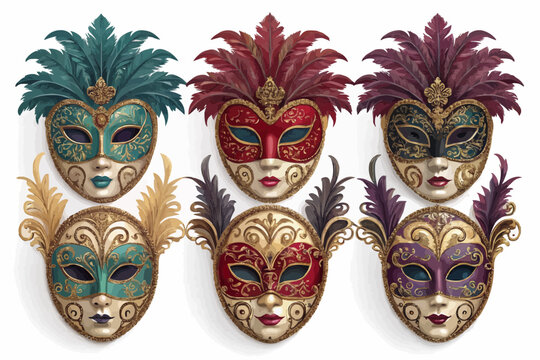 Six ornate venetian masks with feathers in teal, red, and purple arranged on a white background