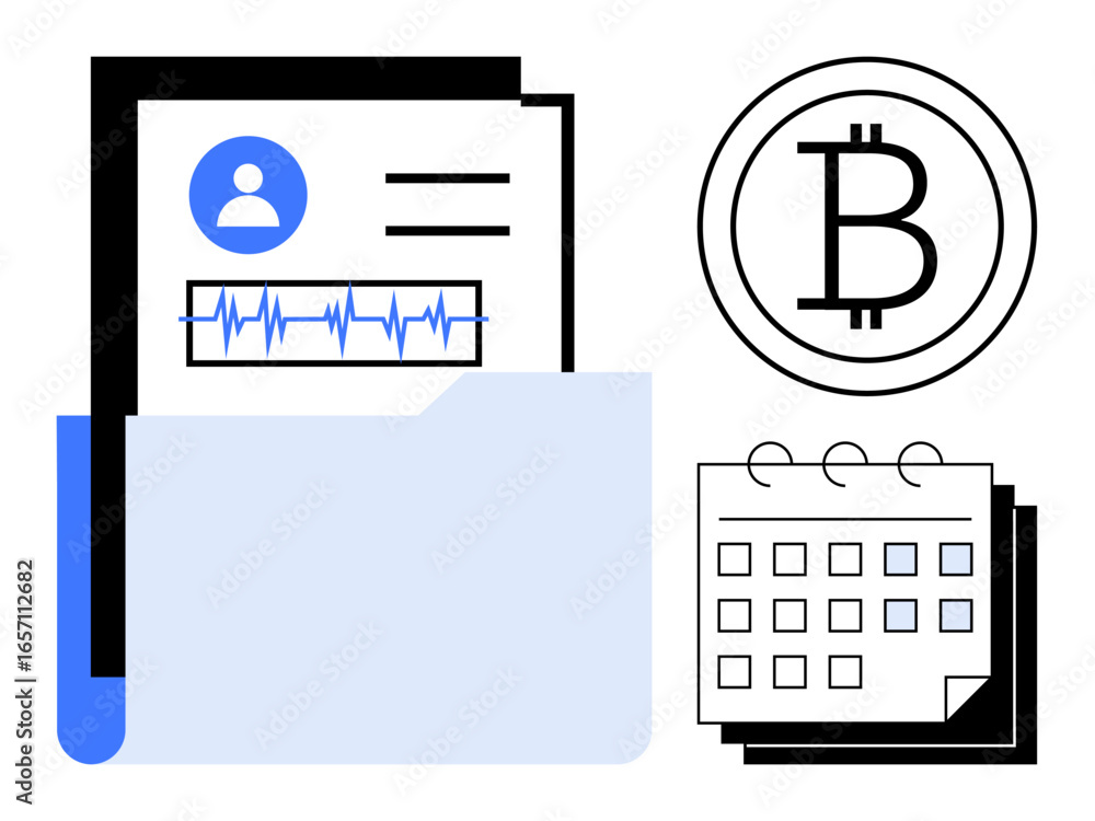 Poster document folder with user data and vital signs, cryptocurrency icon, and calendar. ideal for financi