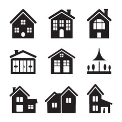 Real Estate Web Icons Set, Solid Style House and Building Silhouette Vector Pack for Realty, Sale, and Development