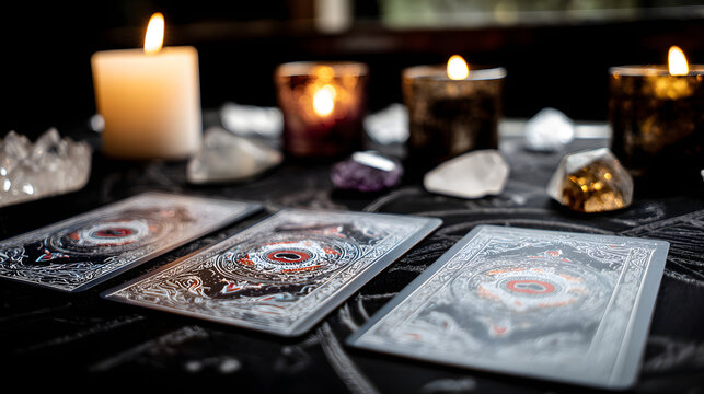 Spiritual reading setup featuring four Lenormand cards, crystals, and glowing candles