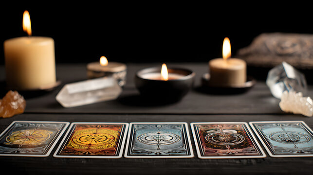 Lenormand card divination spread with candles and crystals on a mystical table