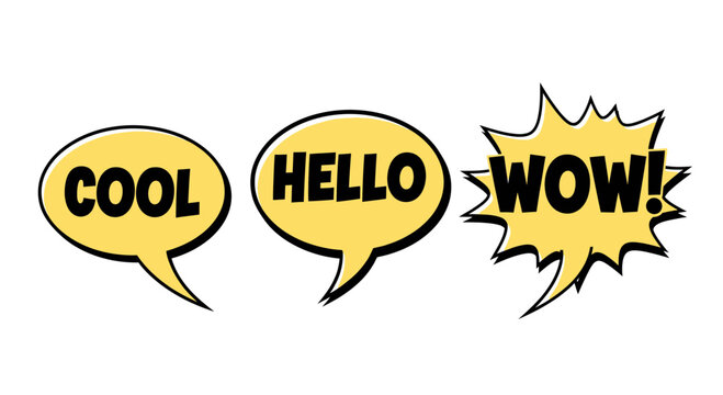 Dynamic communication bubbles presenting everyday expressions like 'Cool', 'Hello', and 'Wow!', bringing a playful and engaging element to any creative project or design application