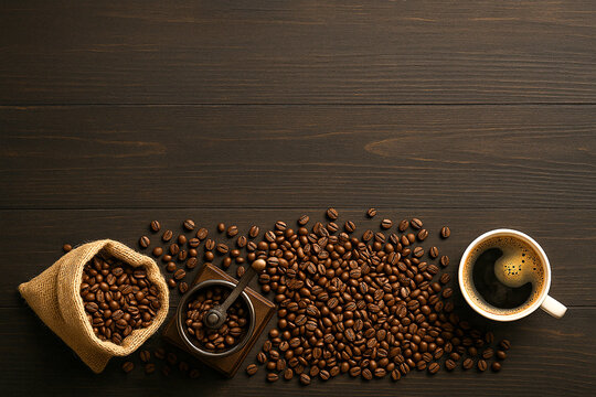 Freshly brewed coffee in white cup with grinder and coffee beans on wood background