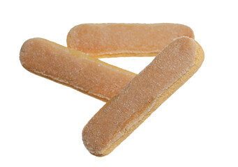 Ladyfinger savoiardi biscuit cookie flying isolated on white, clipping path	