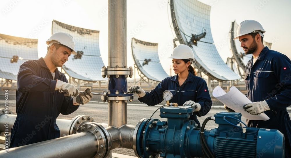 Poster technicians securing piping and pumps as part of integrating solar concentrator energy into a seawat