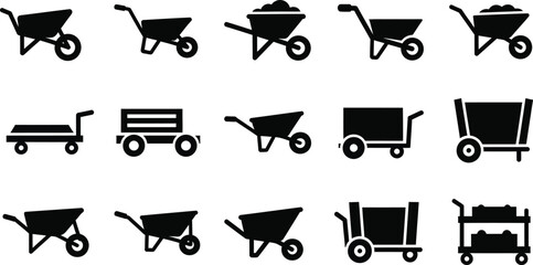 Mobile wheeled transport and hauling tools. wheelbarrows, trolley utility carts, a robust tractor, and hand trucks icons editable vector illustration