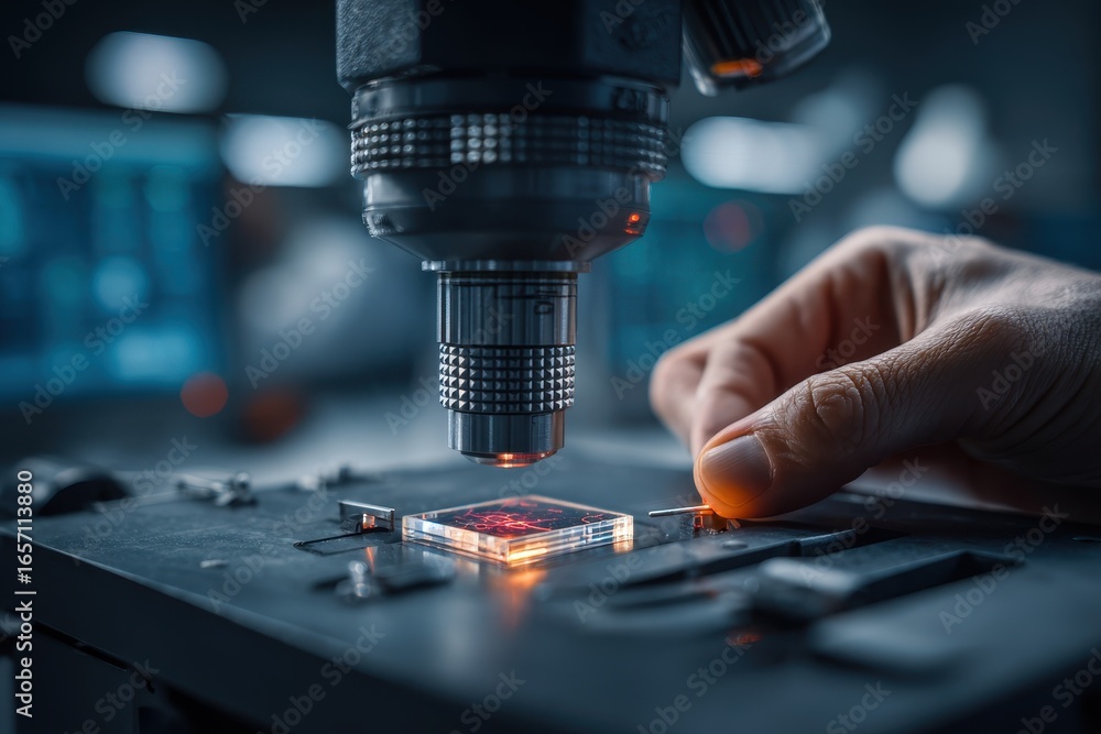 Aufkleber scientist examines a glowing microchip under a high-tech microscope.