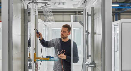 Worker conducts leak test on shower unit within prefabricated bathroom pod confirming proper sealing and water flow.