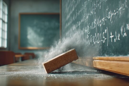 Chalk eraser hitting a dusty blackboard with mathematical equations, symbolizing learning.