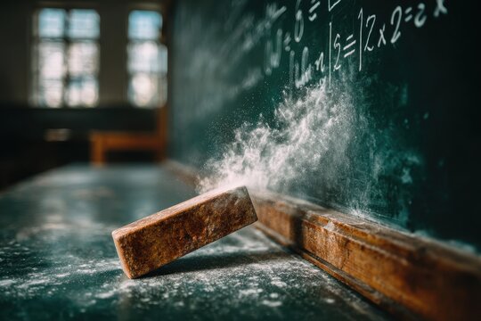 Vintage wooden chalk eraser generating a cloud of dust in a school classroom.