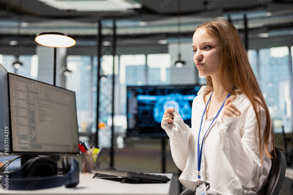 Poster joyous female technician celebrating after automating tasks using deep learning algorithms at work. 