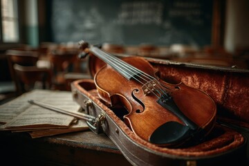Fototapeta premium Close-up of a classic violin in case with sheet music on a classroom desk.