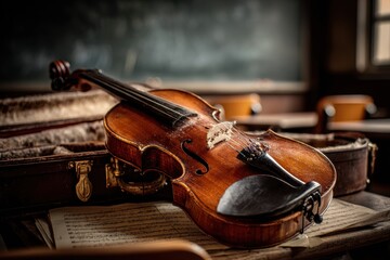 Fototapeta premium An old, vintage wooden violin resting on sheet music in a classic classroom setting.