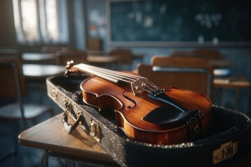 A beautiful wooden violin resting in its open case on a desk in an empty classroom.