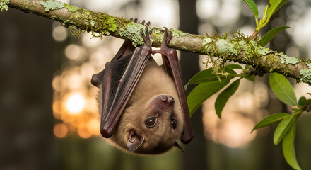 A charming brown fruit bat hanging upside down on a mossy branch, a captivating nocturnal mammal illuminated by the golden hour light of sunset