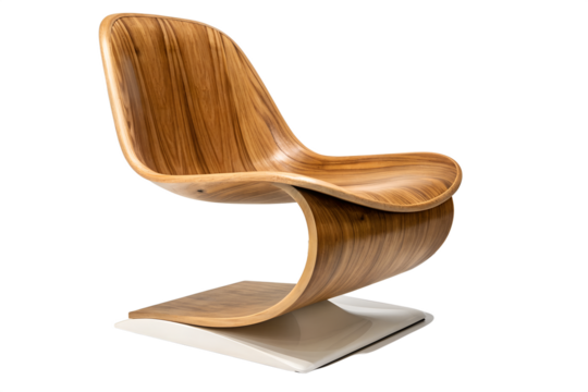 Elegant modern wooden lounge chair with a sleek, curved design and a sturdy base, perfect for contemporary living spaces.
