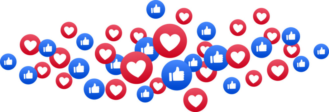 Naklejki Social media reaction icons with heart, love, and thumbs up symbols, modern floating like and love emojis for interaction design,