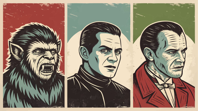 Naklejki Three classic horror movie monsters depicted in a vintage poster style illustration art print