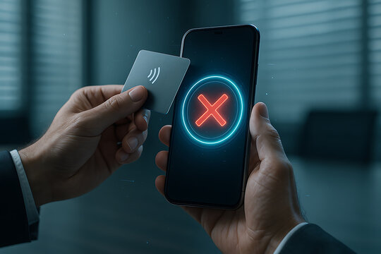 Hand tapping NFC card on smartphone with red cancel hologram - M&atilde;o aproximando cart&atilde;o NFC de smartphone com holograma de cancelamento vermelho