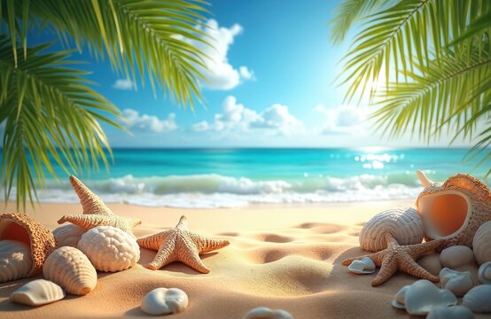 Tropical beach scene with palm leaves framing ocean view. Starfish and shells rest on the sand near clear blue water waves. Sunny day, bright sunlight reflects on calm sea surface. - Powered by Adobe