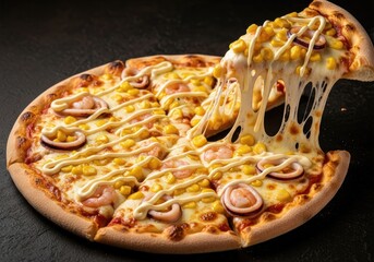 Seafood Pizza with Corn, Shrimp & Squid, Mayo Drizzle and Melty Cheese Pull &ndash; Close Up