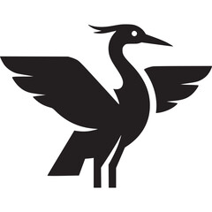 Elegant crane bird with open wings in silhouette isolated on white background for logo, symbol, or graphic design element