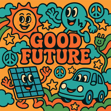 Retro-Psychedelic Pop Art Collage &bdquo;Good Future&ldquo; mit nachhaltigen Symbolen