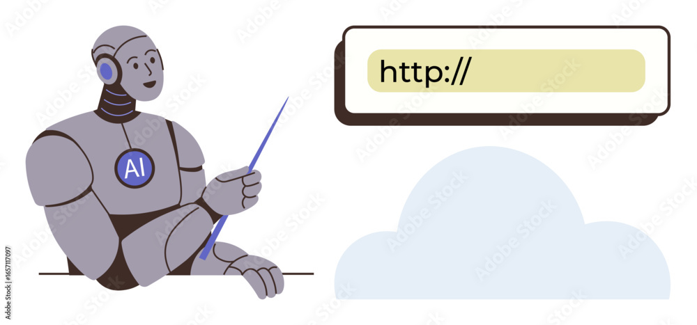 Poster a robot with an ai emblem points at a url in a web browser interface above a cloud form. ideal for e