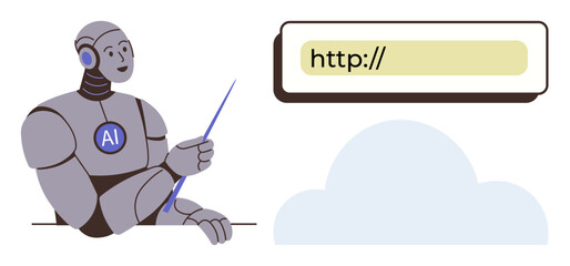 A robot with an AI emblem points at a URL in a web browser interface above a cloud form. Ideal for education, technology, AI, internet navigation, cloud computing, data sharing, simplicity as a flat