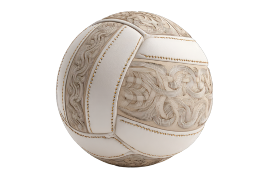 Ornate, cream-colored volleyball with gold trim and flowing design