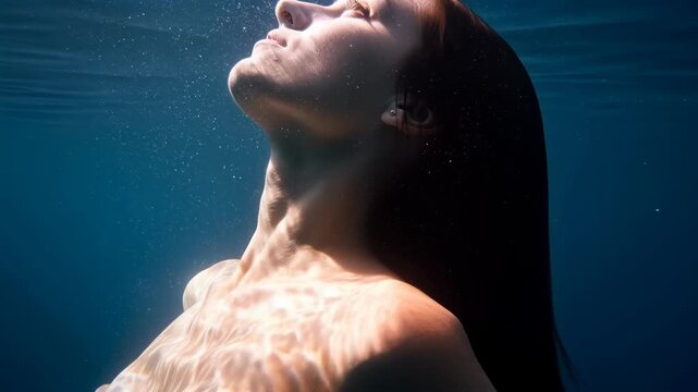 Beautiful young Caucasian woman exhaling air bubbles underwater